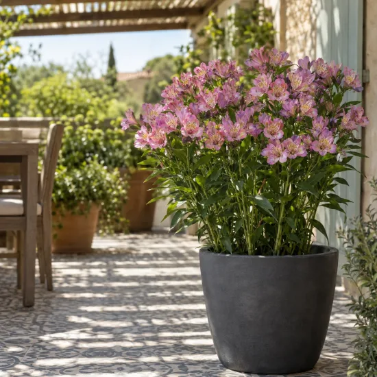 Alstrœmères (Alstroemeria) — plante fleurie en pot sur terrasse ensoleillée · Photo d'illustration
