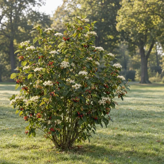 Viorne lantane (Viburnum lantana) — arbuste fleuri avec grappes de baies colorées · Photo d'illustration