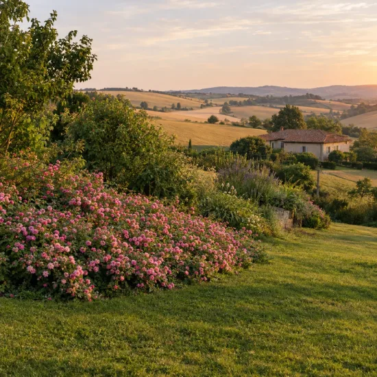 Rosier couvre-sol 'Pablito' (Rosa) — massif de fleurs roses au jardin champêtre · Photo d'illustration
