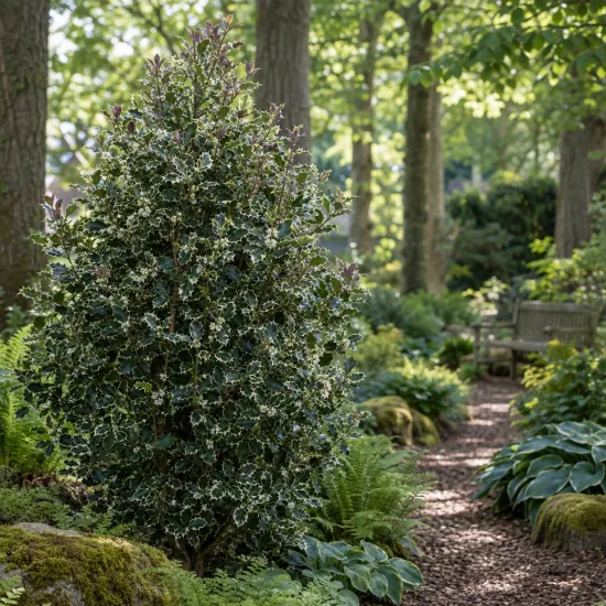 Houx commun 'Ferox argentea' (Ilex aquifolium) — arbuste persistant dressé dans un massif ombragé · Photo d'illustration
