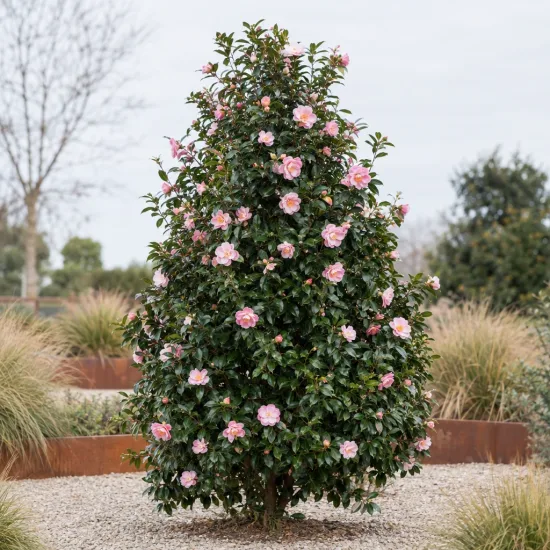 Camelia 'Show girl' (Camelia sasanqua) — arbuste dressé couvert de fleurs roses · Photo d'illustration