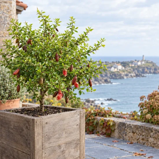 Citronnier caviar 'Rouge' (Citrus australasica) — petit arbuste fruitier en bac devant la mer