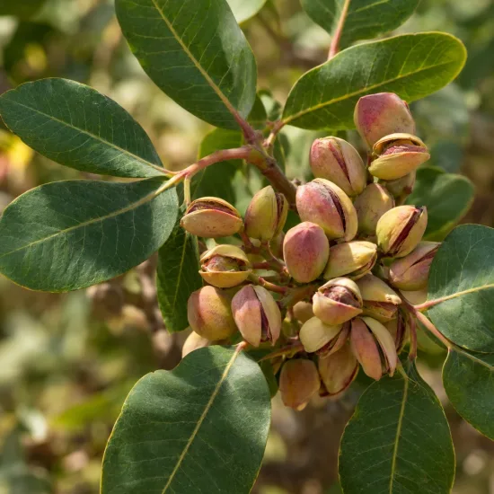 Pistachier vrai 'Larnaka' (Pistacia vera) — grappe de fruits ovales rosés sur feuillage vert · Photo d'illustration