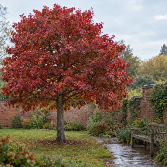 Chêne sargent 'Thomas' (Quercus × sargentii) — arbre au feuillage rouge dans un jardin · Photo d'illustration