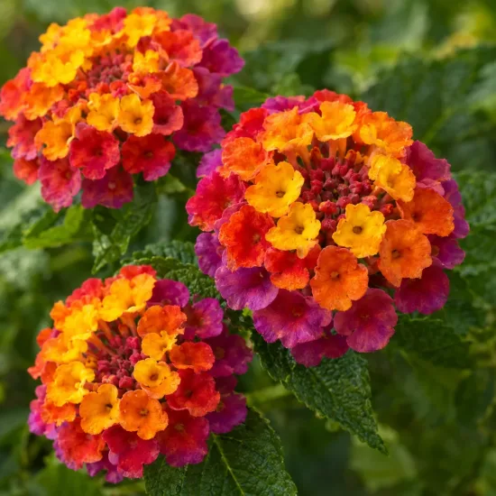Lantanier 'Cochenille' (Lantana camara) — gros plan de petites fleurs multicolores en bouquets