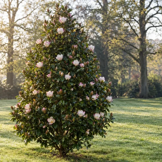 Magnolia 'Bubbles' (Michelia) — arbuste isolé couvert de grandes fleurs pâles · Photo d'illustration