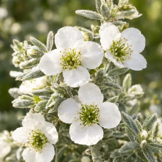 Arbre à thé 'Silver ice' (Leptospermum) — petites fleurs blanches ouvertes sur feuillage duveteux · Photo d'illustration