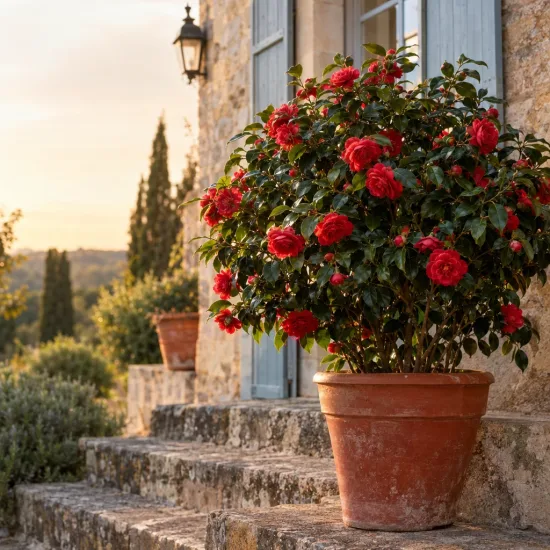 Camélia du japon 'Tom knudsen rouge vif' (Camellia japonica) — arbuste fleuri en pot sur marches en pierre · Photo d'illustration