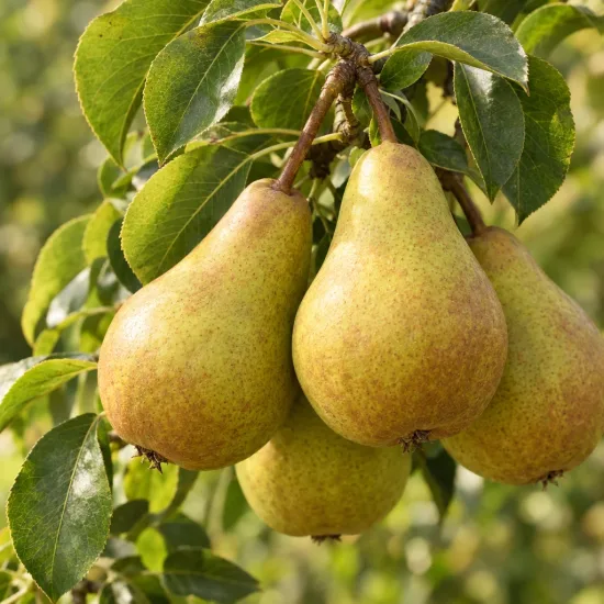 Poirier 'Belle hélène' (Pyrus communis) — groupe de poires mûres sur branche feuillue