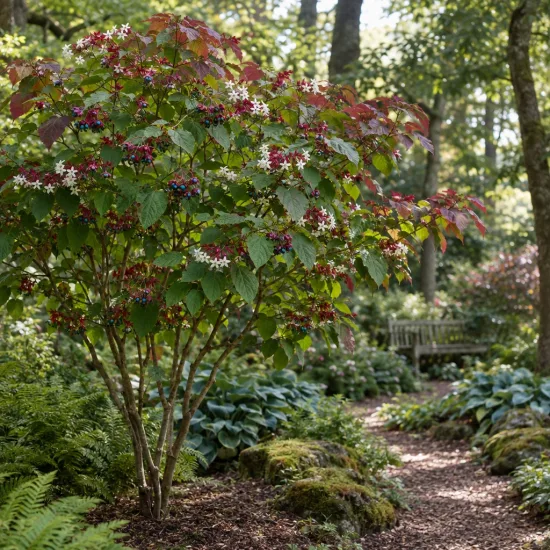 Clerodendron (Clerodendron trichotonum) — arbuste fleuri avec baies colorées en sous-bois · Photo d'illustration