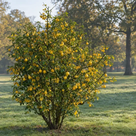 Orange trifoliée 'Rubidoux' (Poncirus trifoliata) — arbuste dense couvert de petits fruits jaunes ronds · Photo d'illustration