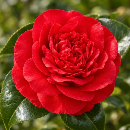 Camélia du japon 'Blood of china rouge' (Camellia japonica) — gros plan de fleur rouge épanouie