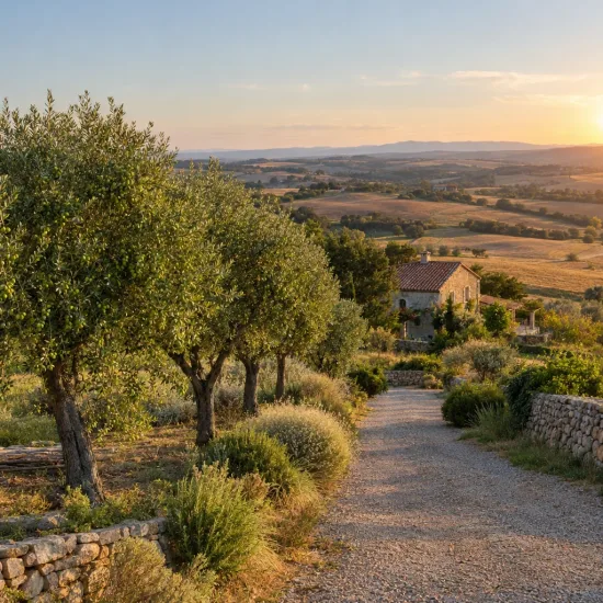 Olivier de l’herault 'Verdale de l'hérault' (Olea europaea) — alignement d'arbres le long d'un chemin rural · Photo d'illustration