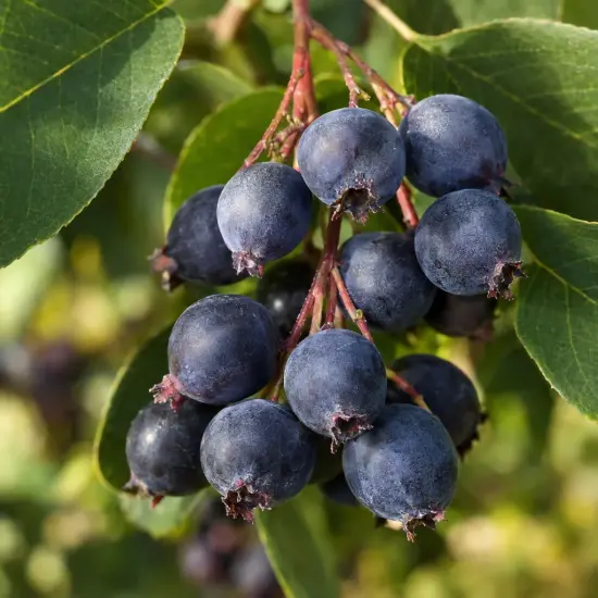 Amélanchier à feuilles d'aulne 'Obelisk' (Amelanchier alnifolia) — grappe de baies bleu foncé avec feuillage vert