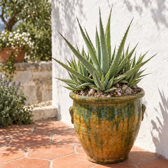 Agave du chihuahua (Agave lechuguilla) — succulente en pot vernissé sur terrasse ensoleillée · Photo d'illustration