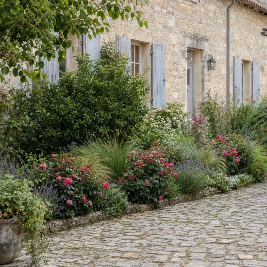Rosier 'Dominica' (Rosa hybrida) — massif fleuri le long d'une maison en pierre · Photo d'illustration