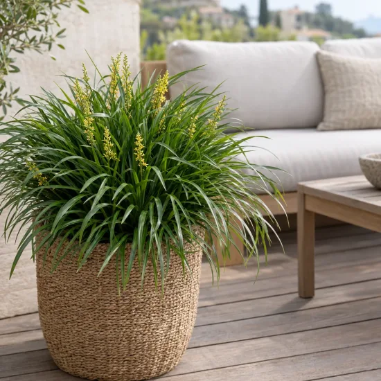Lomandra 'Green allure' (Lomandra confertifolia) — touffe dense de feuilles étroites avec épis floraux jaunes · Photo d'illustration