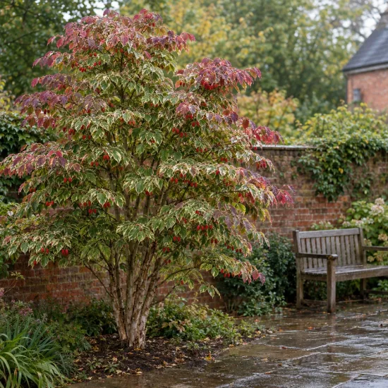 Cornouiller du japon 'Samaritan' (Cornus kousa) — arbuste panaché près d’un banc de jardin · Photo d'illustration