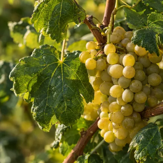 Cépage blanc 'Romorantin' (Vitis vinifera) — grappe de raisins clairs avec grandes feuilles nervurées · Photo d'illustration