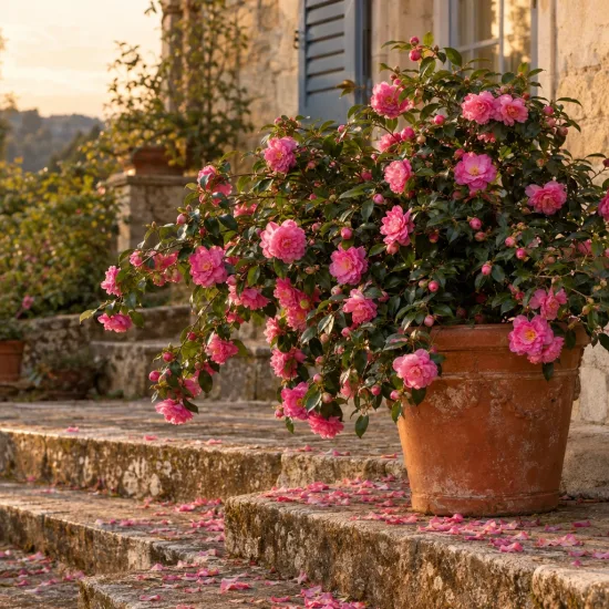 Camelia 'Showa no sakae' (Camelia sasanqua) — grand arbuste fleuri en pot sur marches en pierre · Photo d'illustration