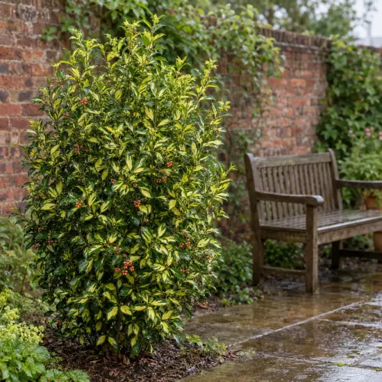 Fusain du japon 'Duc d anjou' (Euonymus japonicus) — arbuste au feuillage panaché près d un banc