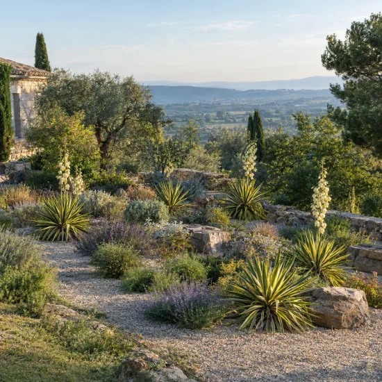 Yucca 'Golden sword' (Yucca flaccida) — massif méditerranéen avec touffes graphiques et hampes florales · Photo d'illustration