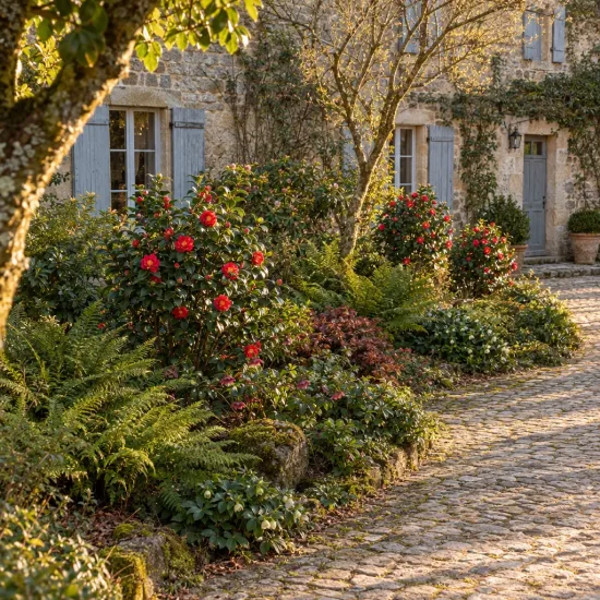 Camélia du japon 'Blood of china rouge' (Camellia japonica) — massif de buissons à fleurs rouges devant maison en pierre