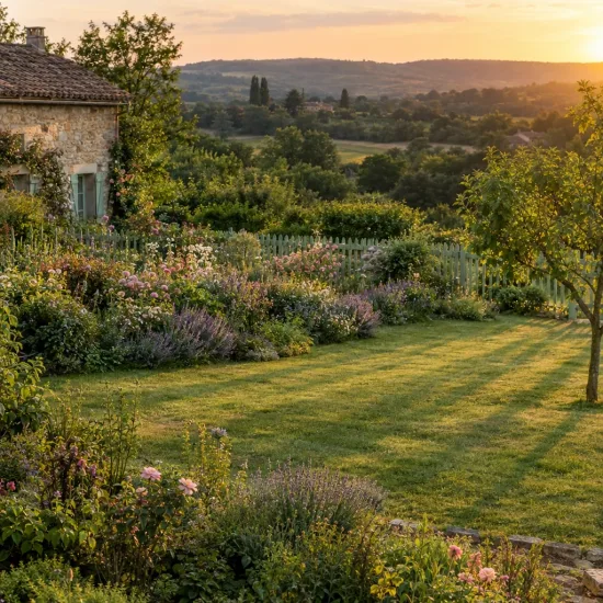 Menthe aux chats 'Dawn to dusk' (Nepeta grandiflora) — grand jardin fleuri au coucher du soleil · Photo d'illustration
