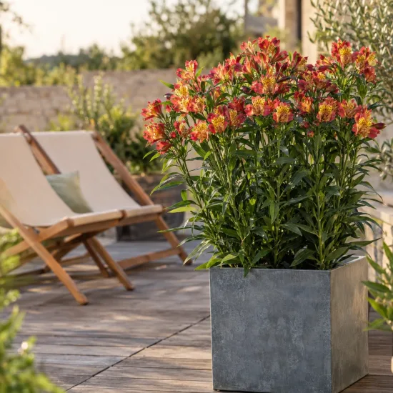 Alstrœmères (Alstroemeria lire) — grand plant fleuri en bac sur terrasse · Photo d'illustration