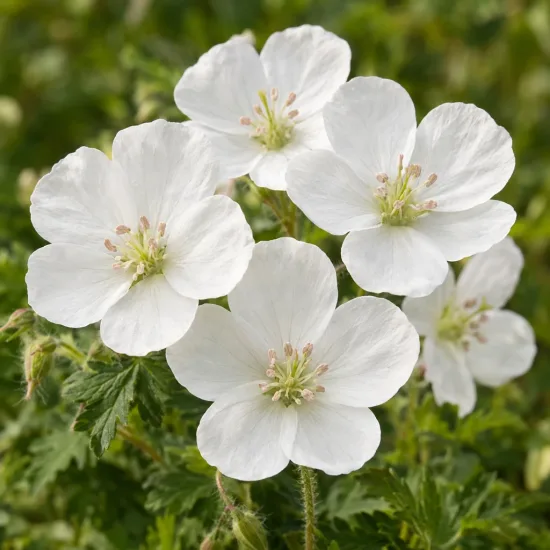 Pélargonium 'Album' (Geranium sanguineum) — gros plan de fleurs blanches ouvertes