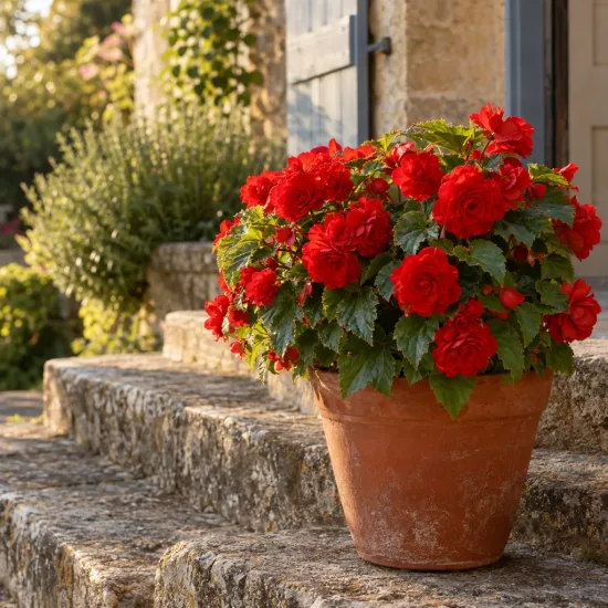 Bégonia 'Non stop ecarlate' (Begonia) — plante fleurie rouge en pot sur marches