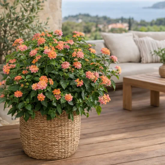 Lantanier (Lantana alleluya) — plante fleurie en pot tressé sur terrasse · Photo d'illustration