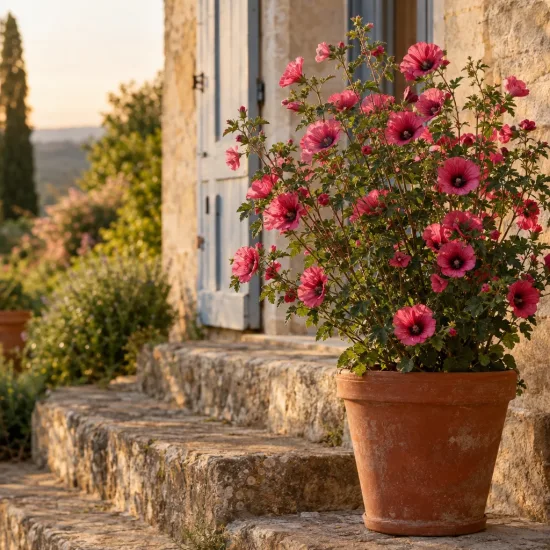 Mauve du cap rouge 'Large red' (Anisodonthea capensis) — plante fleurie en pot sur marches en pierre
