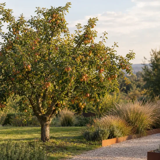 Pommier 'Apez sagarra' (Malus domestica) — arbre fruitier chargé de fruits dans un jardin · Photo d'illustration