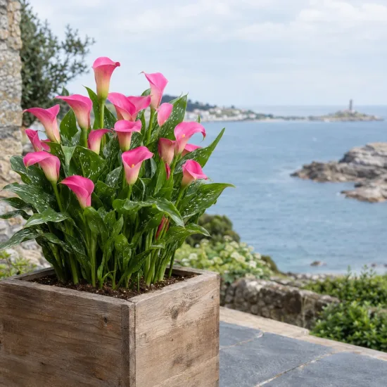 Arum 'Jewel' — fleurs en pot sur terrasse face à la mer · Photo d'illustration