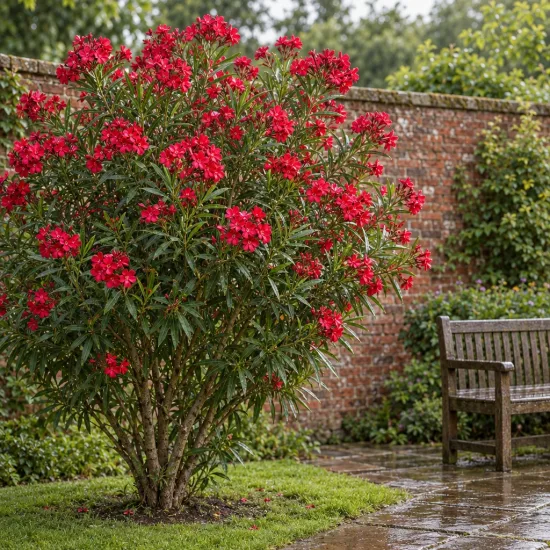 Laurier rose (rouge) — grand arbuste aux fleurs rouges près d’un banc · Photo d'illustration