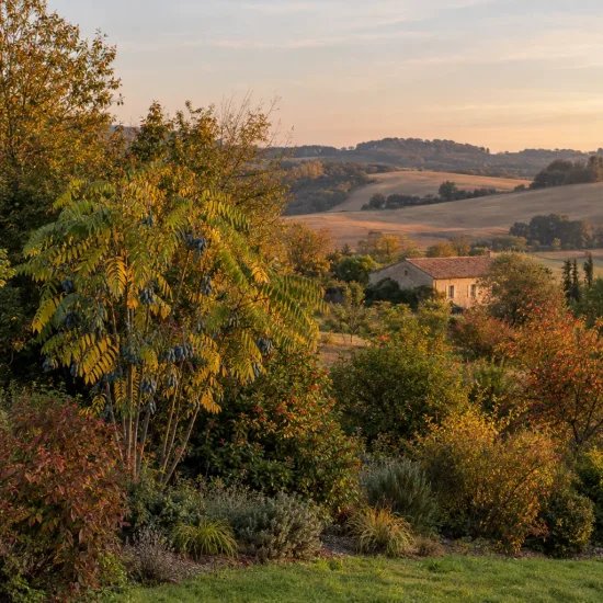 Arbre aux haricots bleus (Decaisnea fargesii) — grand arbuste fruitier au milieu d'un jardin