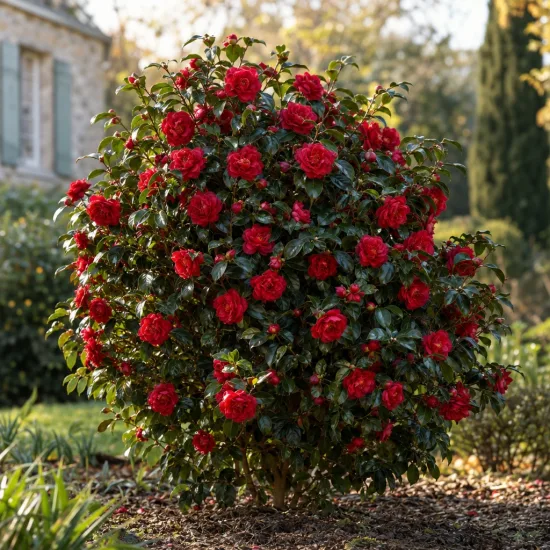 Camélia du japon 'Black lace rouge' (Camellia japonica) — arbuste couvert de fleurs rouges en massif · Photo d'illustration