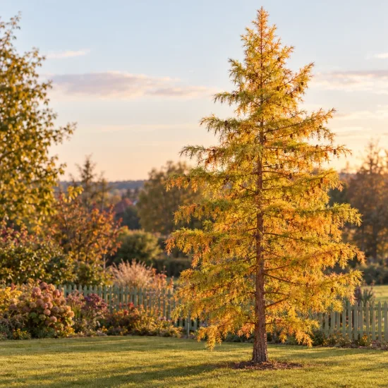 Mélèze du japon (Larix kaempferi) — jeune conifère isolé sur pelouse ensoleillée · Photo d'illustration