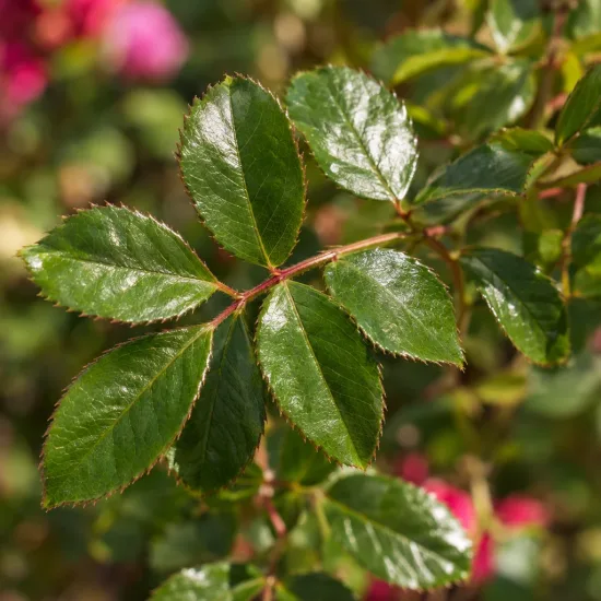 Rosier couvre-sol 'V19' (Rosa) — feuilles vernissées dentées en gros plan · Photo d'illustration