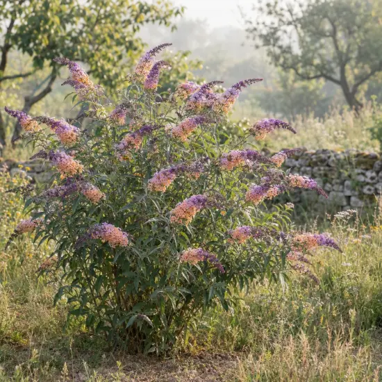 Arbre aux papillons 'Bicolore' (Buddleia × weyeriana) — grand arbuste fleuri bicolore dans jardin naturel