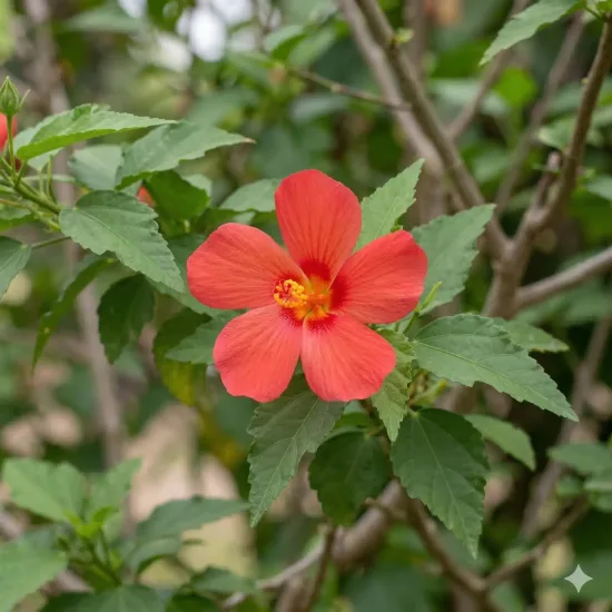 Pavonia 'Flamboyant' — fleur simple rouge orangé parmi des feuilles vertes