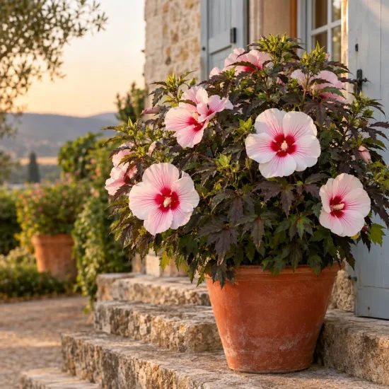 Hibiscus des marais 'Jolly heart' (Hibiscus moscheutos) — grand plant fleuri en pot sur terrasse ensoleillée · Photo d'illustration