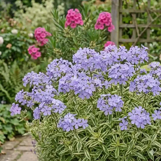 Phlox 'Blue ribbons' (Phlox divaricata) — touffe fleurie violet pâle au bord d'une allée
