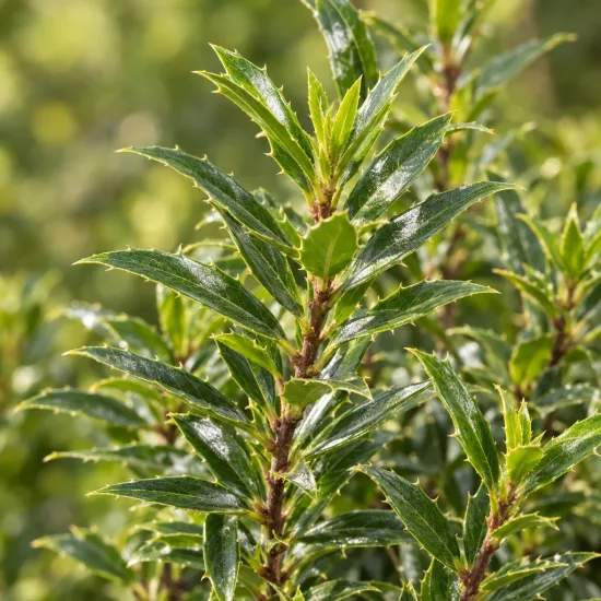 Houx commun 'Myrtifolia' (Ilex aquifolium) — rameaux denses au feuillage étroit et luisant