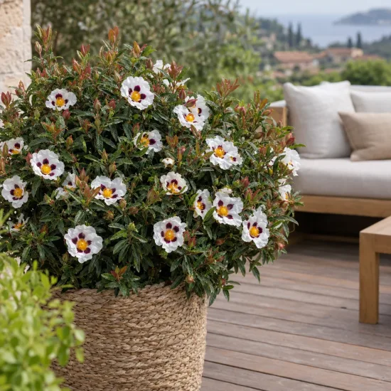 Ciste pourpre 'Alan fradd' (Cistus purpureus) — arbuste fleuri en pot tressé sur terrasse · Photo d'illustration