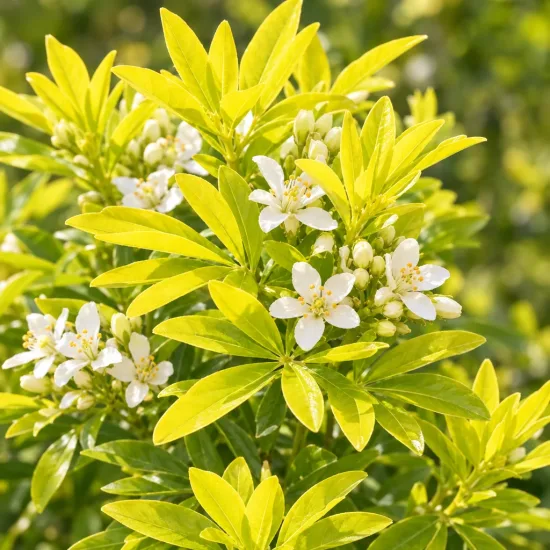 Choisya 'Sundance' (Choisya ternata) — feuillage vert clair avec petites fleurs blanches