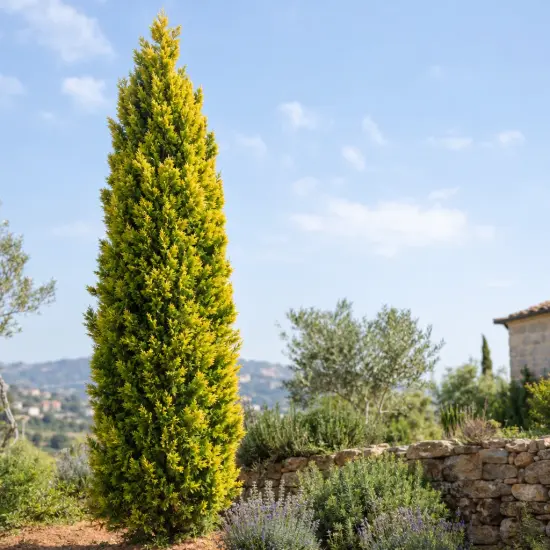 Cyprès de leyland 'Castlewellan gold' (Cupressocyparis leylandii) — conifère élancé isolé dans un jardin en pierre