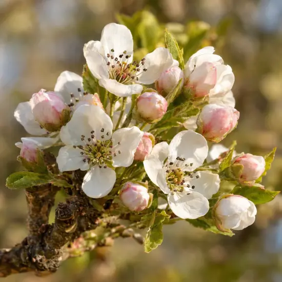 Poirier bartlett 'Bartlett' (Pyrus communis) — grappe de fleurs blanches épanouies et en boutons