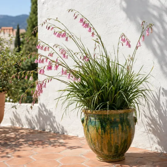 Canne à pêche des anges (Dierama pulcherima) — touffe dressée avec fleurs roses retombantes en pot · Photo d'illustration